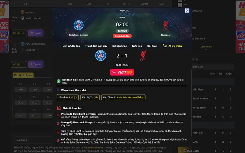 Dự đoán kết quả AI PSG vs Liverpool 02h00 ngày 09/4/2026