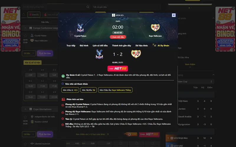 Dự đoán kết quả AI Crystal Palace vs Rayo Vallecano 02h00 ngày 28/5/2026