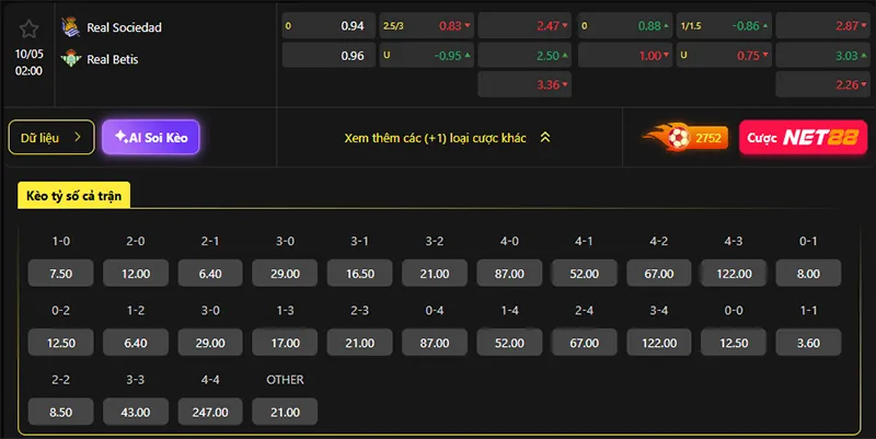 Tỷ lệ kèo Sociedad vs Betis hôm nay 02h00 ngày 10/5/2026