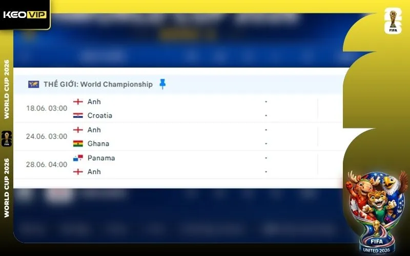 Lịch thi đấu tuyển Anh - World Cup 2026