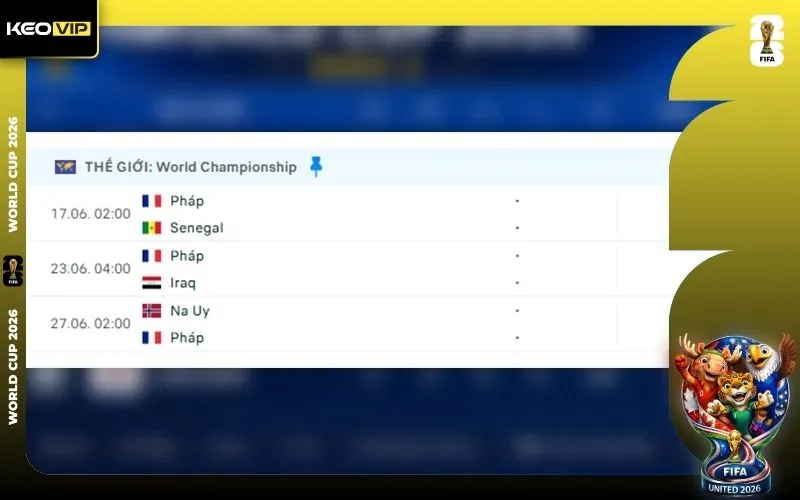 Lịch thi đấu tuyển Pháp - World Cup 2026