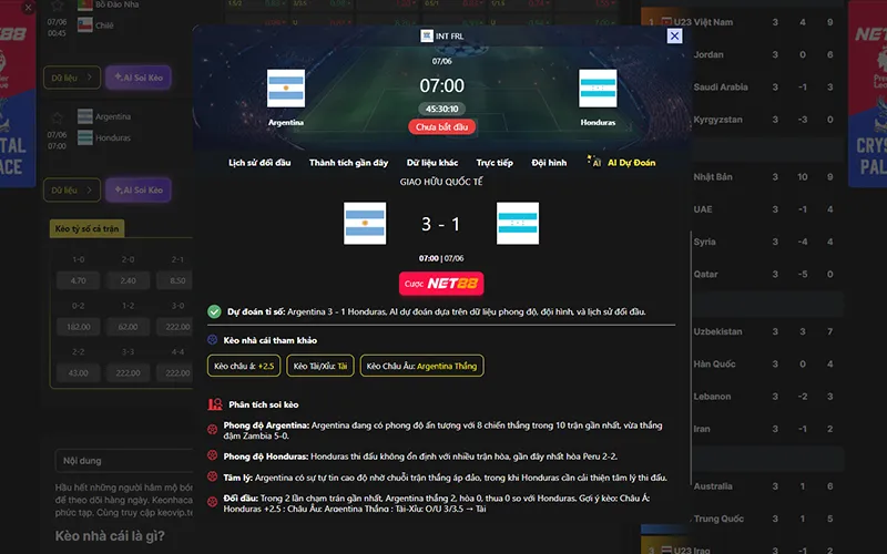 Dự đoán kết quả AI Argentina vs Honduras 07h00 ngày 07/6/2026