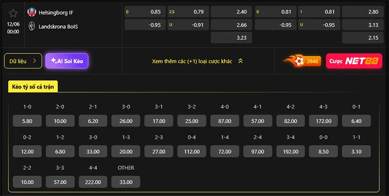 Tỷ lệ kèo Helsingborg vs Landskrona hôm nay 00h00 ngày 12/6/2026