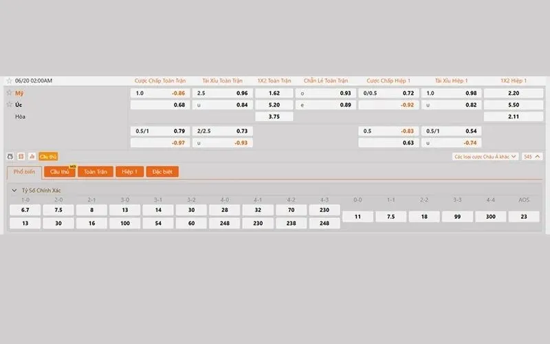 Cập nhật mới nhất tỷ lệ kèo Mỹ vs Úc hôm nay