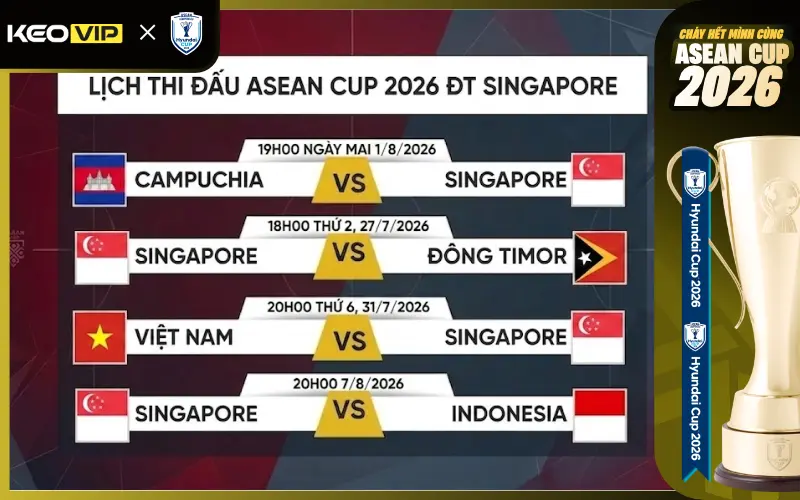 Lịch thi đấu Asean CUP 2026 tuyển Singapore