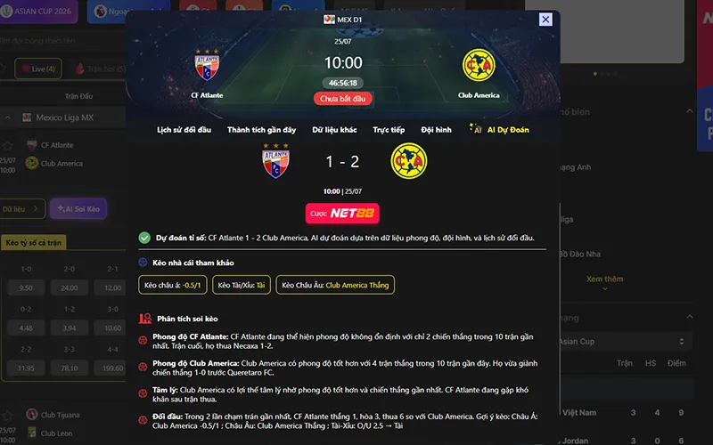 Dự đoán kết quả AI Atlante vs Club America 09h00 ngày 25/7/2026