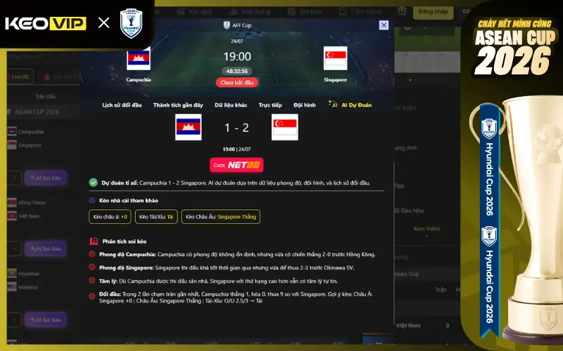 Dự đoán kèo Campuchia vs Singapore 19h ngày 24/7/2026