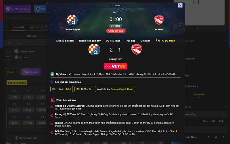 Dự đoán kèo Dinamo Zagreb vs Thun 01h00 ngày 29/7/2026