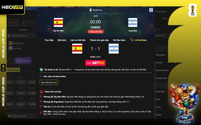 Dự đoán kết quả AI Tây Ban Nha vs Argentina 02h00 ngày 20/7/2026