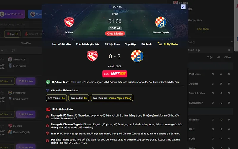 Dự đoán kết quả AI Thun vs Dinamo Zagreb hôm nay 01h00 ngày 22/7/2026 