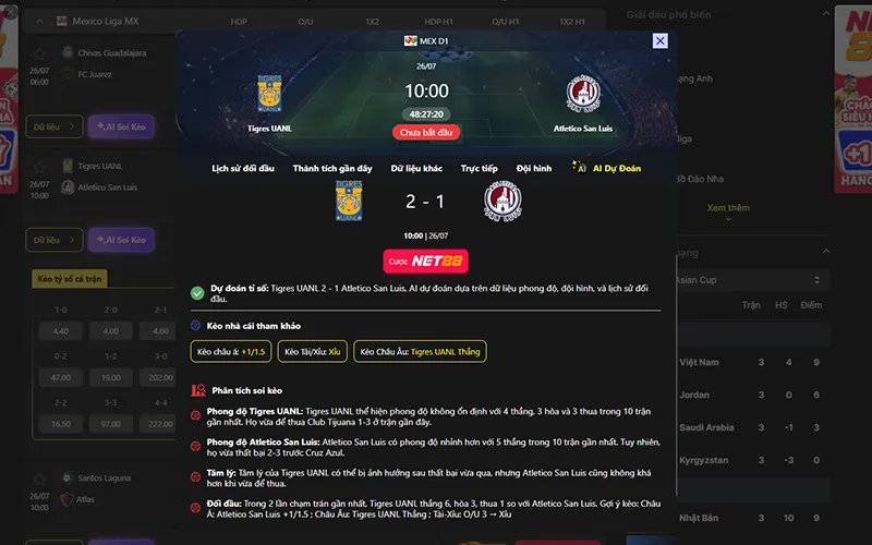 Dự đoán kèo Tigres vs San Luis 10h00 ngày 26/7/2026