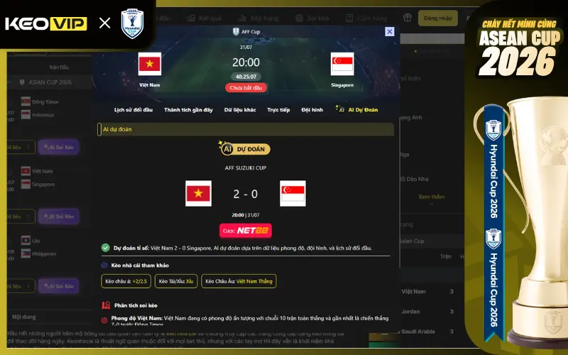 Dự đoán kèo thơm Việt Nam vs Singapore 20h00 ngày 31/7/2026