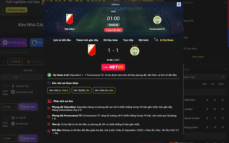 Dự đoán kết quả AI Vojvodina vs Ferencvaros 01h00 ngày 10/7/2026
