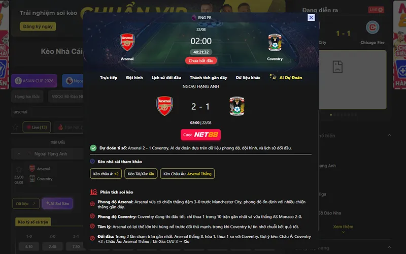 Dự đoán kết quả AI Arsenal vs Coventry 02h00 ngày 22/8/2026
