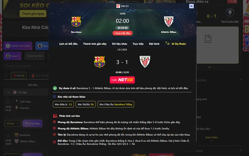 Dự đoán kết quả AI Barcelona vs Ath Bilbao 02h00 ngày 28/8/2026