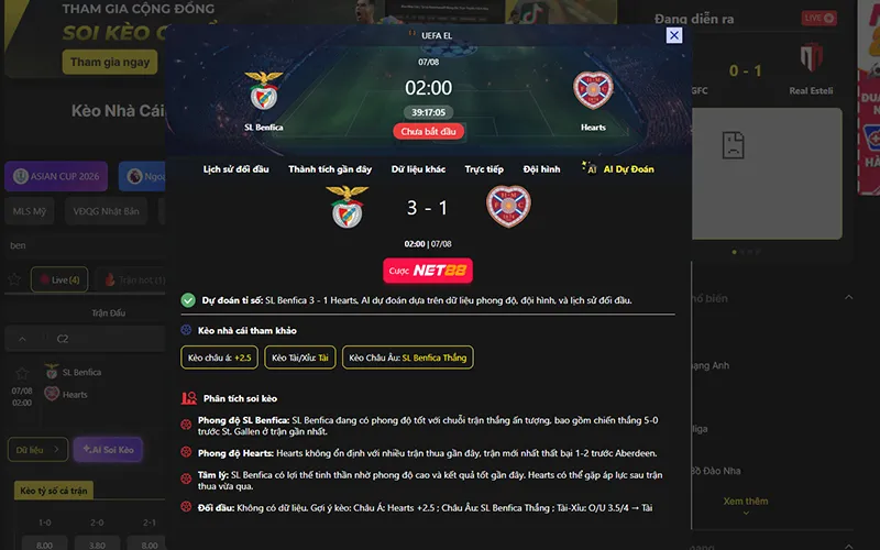 Dự đoán kết quả AI Benfica vs Hearts 02h00 ngày 07/8/2026