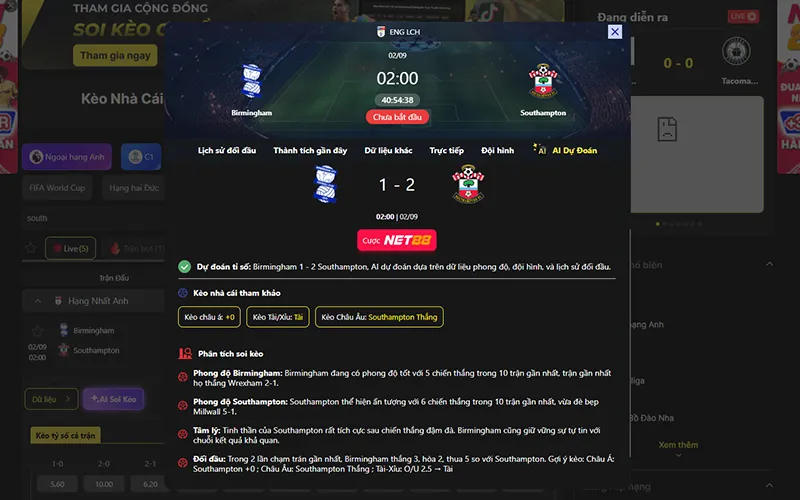 Dự đoán kết quả AI Birmingham vs Southampton 02h00 ngày 02/9/2026