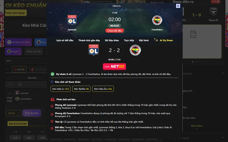 Dự đoán kết quả AI Lyon vs Fenerbahce  02h00 ngày 27/8/2026