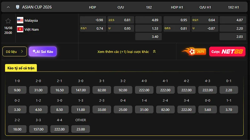 Tỷ lệ kèo Malaysia vs Việt Nam hôm nay 20h00 ngày 16/8/2026