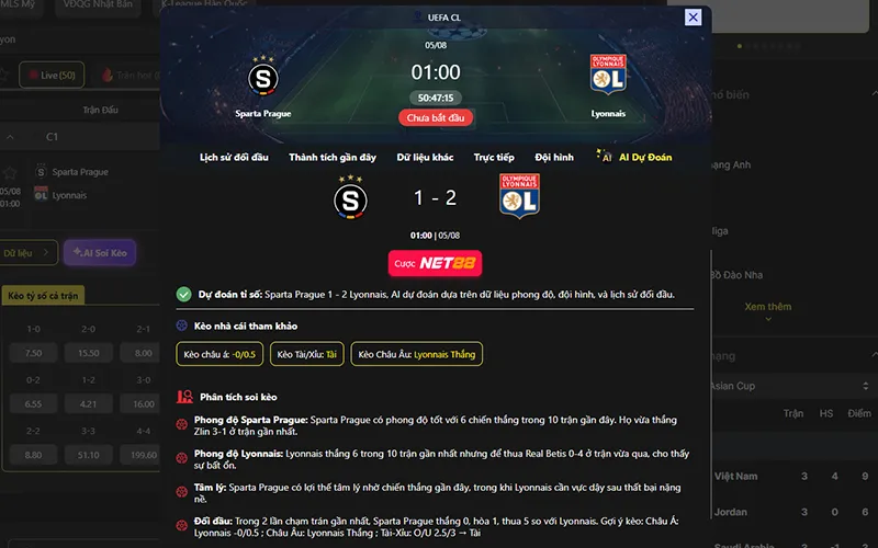 Dự đoán kết quả AI Sparta Praha vs Lyon 01h00 ngày 05/8/2026