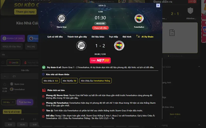 Dự đoán kết quả AI Sturm Graz vs Fenerbahce 01h30 ngày 12/8/2026