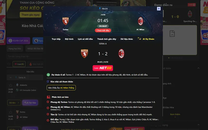 Dự đoán kết quả AI Torino vs AC Milan  01h45 ngày 24/8/2026