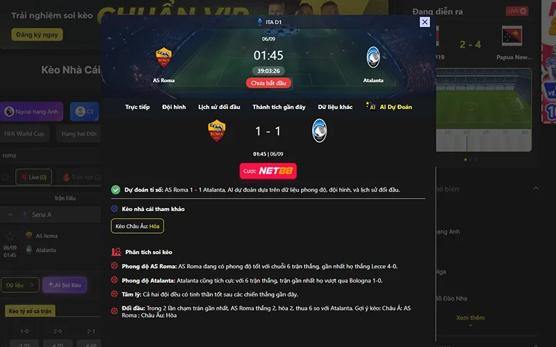 Dự đoán kết quả AI AS Roma vs Atalanta 01h45 ngày 06/9/2026