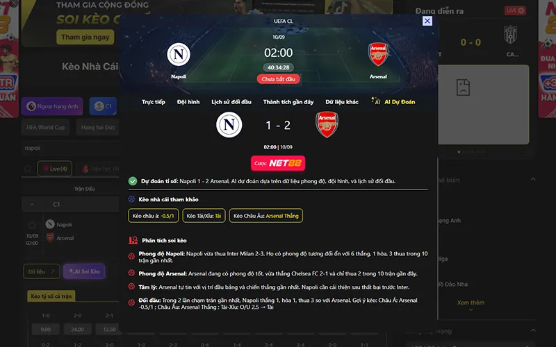 Dự đoán kết quả AI Napoli vs Arsenal 02h00 ngày 10/9/2026