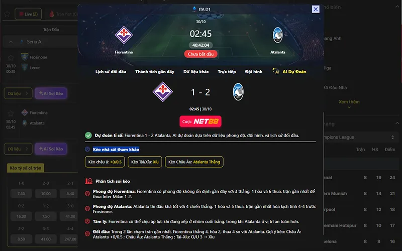 Dự đoán kết quả AI Fiorentina vs Atalanta 02h45 ngày 30/10/2026