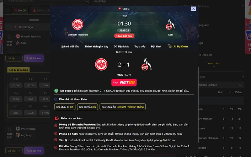 Dự đoán kết quả AI Frankfurt vs Koln 01h30 ngày 17/10/2026