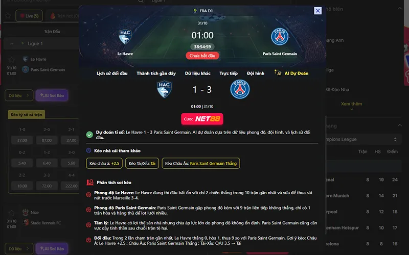 Dự đoán kết quả AI Le Havre vs PSG 01h00 ngày 31/10/2026