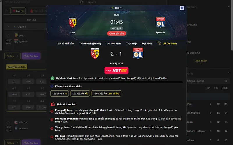 Dự đoán kết quả AI Lens vs Lyon 01h45 ngày 10/10/2026