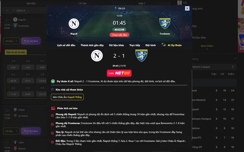 Dự đoán kết quả AI Napoli vs Frosinone 01h45 ngày 11/10/2026