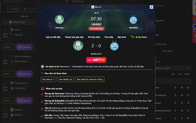 Dự đoán kết quả AI Palmeiras vs Bahia 07h30 ngày 09/10/2026
