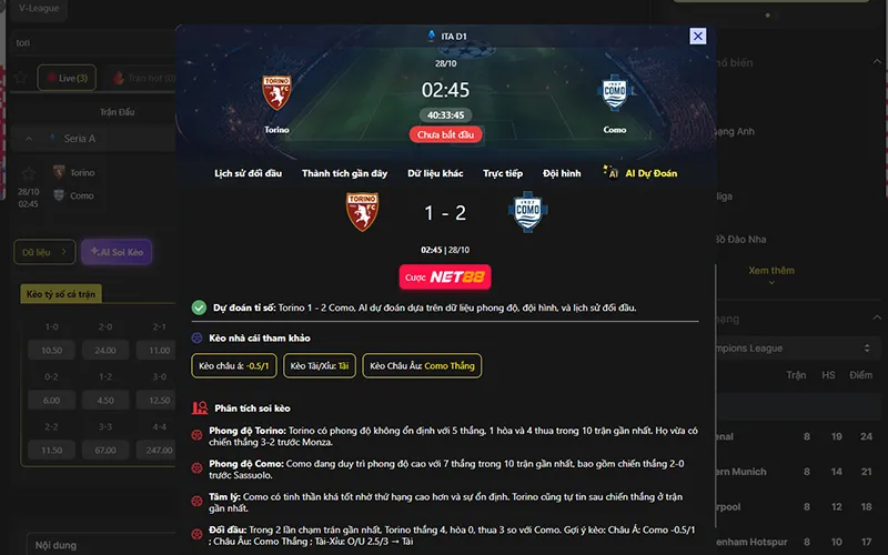 Dự đoán kết quả AI Torino vs Como 02h45 ngày 28/10/2026